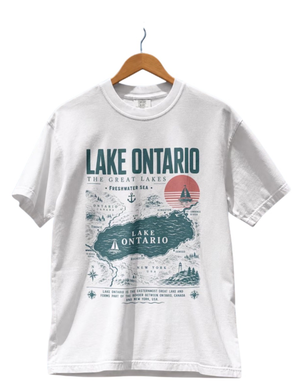 White Lake Ontario Graphic Tee with Teal & Coral Print